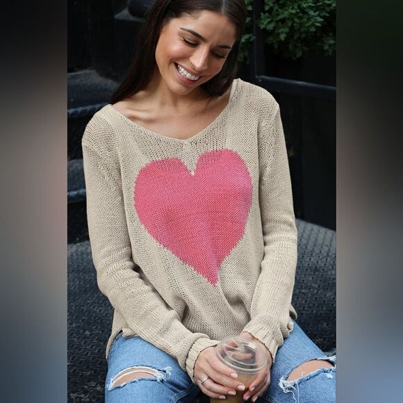 Wooden Ships Tan Heart Sweater M/L Lagenlook Preppy Y2k Coastal Boho Novelty - Picture 1 of 10